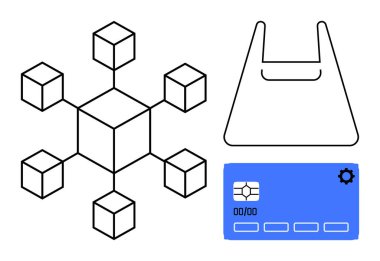 Birbirine bağlı küpleri olan bir engelleme ağı, bir alışveriş çantası taslağı ve vites grafikli ve ayrıntılı çizgileri olan mavi bir kredi kartı. E-ticaret için ideal, dijital ödemeler, engelleme zinciri, fintech
