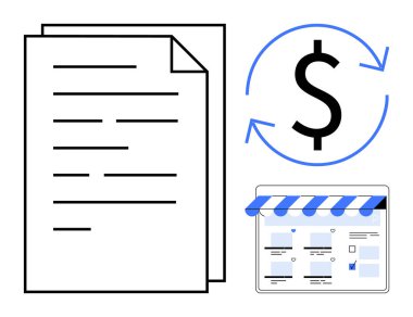 Financial documents beside a dollar sign with circular arrows and an online storefront. Ideal for business, finance, e-commerce, accounting, transactions, online shopping, and money management clipart