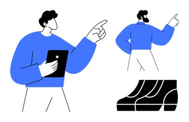 Mavi kazaklı iki kişi, biri tablet tutuyor, ikisi de öne bakıyor. Yürüyen merdiven sağ alt köşeye basıyor. Takım çalışması, liderlik, ilerleme, teknoloji, planlama yeniliği için ideal