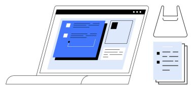 Açık belgeli dizüstü bilgisayar, bir yığın kağıt ve bir evrak çantası. Uzak çalışma, verimlilik, dijital organizasyon, modern ofis, teknoloji entegrasyonu, çevrimiçi işbirliği işi için ideal