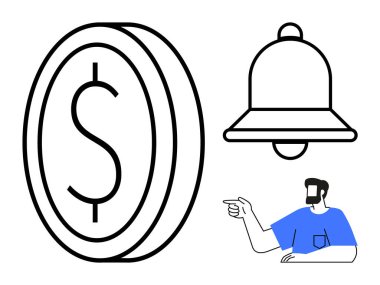 Dolar işaretli sikke parayı temsil eder, çan işaretleri bildirimleri gösterir, kişi işaret eder ve iletişim kurar. Finans, tasarruflar, uyarılar, iletişim, bildirimler, farkındalık için ideal