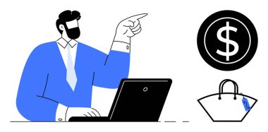 Dizüstü bilgisayardaki iş adamı, dolar simgesi ve alışveriş torbasını işaret ediyor. Finans, e-ticaret, çevrimiçi alışveriş, iş büyümesi, dijital işlemler, pazarlama stratejileri, başlangıç için ideal