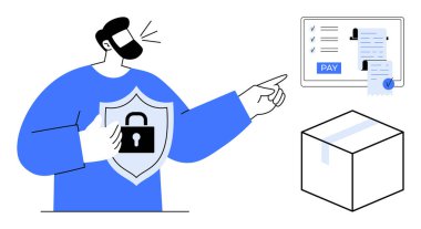 Kalkanı asma kilit sembollü tutan adam kontrol listesiyle çevrimiçi ödeme ekranını işaret ediyor. Yakınlarda, bant dolu bir kutu. Mali güvenlik, e-ticaret, çevrimiçi işlemler ve veriler için ideal