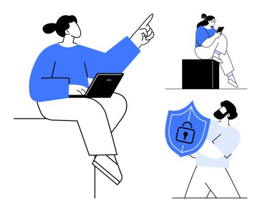 Dizüstü bilgisayarlar üzerinde çalışan, çalışan ve güvenlik rozeti taşıyan bireyler. Teknoloji sunumları, çevrimiçi güvenlik, iletişim stratejileri, eğitim, uzaktan çalışma temaları, işyeri çeşitliliği için ideal