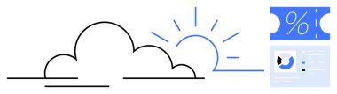 İndirim bileti ve analitik çizelgeyle dolu bir bulutun arkasında yükselen güneş. Ticari büyüme, mali iyimserlik, yeni başlangıçlar, fırsatlar, yatırım, stratejik planlama, motivasyon için ideal