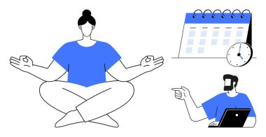 Lotus pozunda meditasyon yapan bir kadın, saati simgeleyen bir takvim, dizüstü bilgisayarından işaret eden bir adam. Farkındalık, verimlilik, zaman yönetimi, iş hayatı dengesi, stres atma, zihinsel
