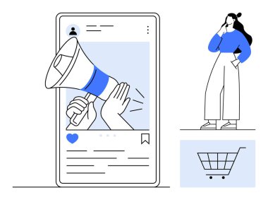 Akıllı telefon ekranının içinde elleri olan megafon, mavi kazaklı ve beyaz pantolonlu kadını gözlemleyen alışveriş arabası. Reklam, sosyal medya, pazarlama, iletişim, e-ticaret, çevrimiçi için ideal