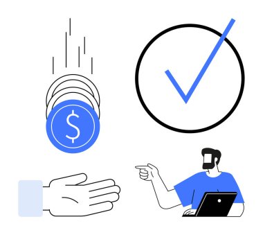 Dizüstü bilgisayarı olan, bozuk para yakalayan mavi işaretli bir adam. Finans, başarı, onay, iş başarısı, hedefler dijital işlemler için idealdir. Basit.