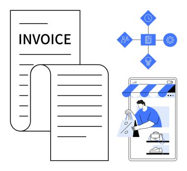 Fatura, alışveriş çantası ve e-ticaret telefonda. Çevrimiçi perakende satış, otomasyon, dijital ödemeler, e-ticaret, iş süreçleri, verimlilik ve iş akışı için ideal. Soyut çizgileri olan minimalist bir tarz.
