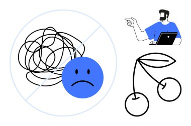 Dizüstü bilgisayarı olan bir adam basit diyagrama bakıyor. Karışık karmaşanın çözüldüğünü, mavi mutsuz yüzün nötr olduğunu gösteriyor. Kirazlar. Üretkenlik, organizasyon, netlik, çözümler için ideal