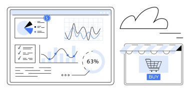 Ofis toplantısı sırasında bilgisayardaki verileri analiz eden iş ekibi. Çizelgeler, grafikler, kontrol listesi, tablet, bulut, e-ticaret mağazası penceresi. İş stratejisi ve e-ticaret veri analizi için ideal