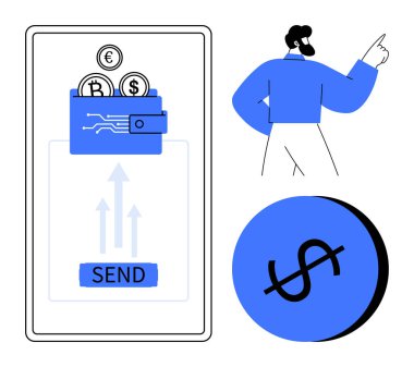 Cep telefonu ekranı, cüzdan, para birimi sembolleri, gönderme tuşu, oklar ve el kol hareketi. Finans, dijital ödemeler, kripto para birimi, mobil uygulamalar fintech para transferi için ideal