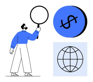 Adamın elinde dolar sembolü ve küreyi inceleyen büyüteç var. Mali analiz, ekonomi, küresel ticaret, piyasa araştırması, veri incelemesi, uluslararası iş stratejileri, ekonomik