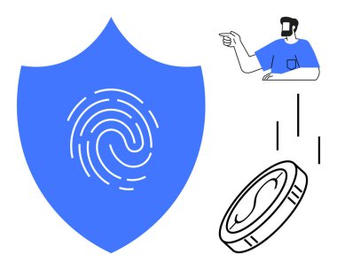 Üzerinde parmak izi olan mavi bir kalkan, işaret eden biri ve düşen bir para. Siber güvenlik, kimlik tespiti, finans, teknoloji, çevrimiçi koruma dijital işlem veri gizliliği için idealdir. Soyut çizgi