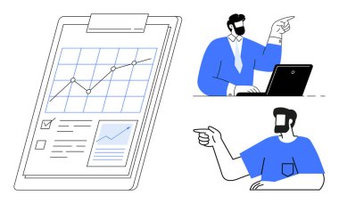 Yükselen çizgi grafikli pano, kontrol işaretleri, belgeler. İki adam işaret ediyor, biri dizüstü bilgisayarlı. İş planlaması, veri analizi, takım çalışması, ofis sunumları verimlilik hedefi belirlemek için ideal