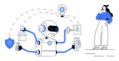 Birden fazla kolu olan robot, nesnelerle etkileşimde. Test tüpü, teçhizat, fikir ampulü, kalkan ve paket kutusu. Kadın gözlemlemesi insan-teknoloji etkileşimini gösterir. Teknoloji için ideal