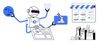 Çeşitli nesnelere sahip robot çoklu görevleri denge, empati ve sanayiyi sembolize eden ölçek, kalp ve inşaat araçlarını parmakla göstermektedir. Yapay zeka, otomasyon, teknoloji, yenilik üretkenliği için ideal