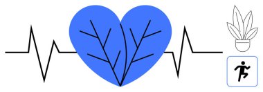 Yaprak damarlı mavi kalp, kalp atışı çizgisi, saksı bitkisi ve çalışan ikon. Sağlık, zindelik, sağlık, doğa sürdürülebilirliği tıbbi yaşam tarzı çizimleri için idealdir. Soyut satır düzlüğü