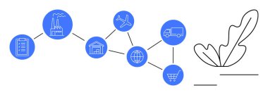 Pil, fabrika, depo, uçak, küre, kamyon, alışveriş arabası ve yaprak gösteren mavi bağlı daireler. Lojistik üretimi için ideal sürdürülebilirlik ulaşımı küresel