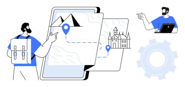Gezginler, dağlardan kaleye giden yolu haritalandırmak için dijital tablet kullanıyorlar. Bir kişi haritayı gösterir, diğeri dizüstü bilgisayarda çalışır. Seyahat, teknoloji, planlama, navigasyon, macera için ideal