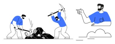 Kazmalı iki işçi, sağ tarafı gösteren bir amirin yönetiminde blokları yıkıyor. Takım çalışması, emek, inşaat, liderlik, rehberlik, sıkı çalışma ve işbirliği için ideal