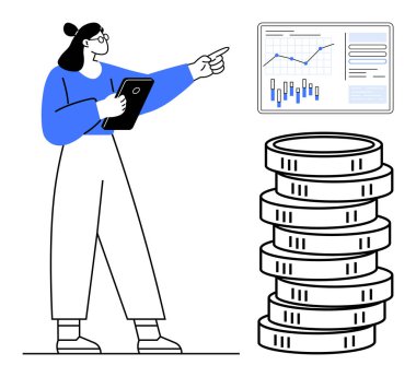 Elinde tabletle finansal büyüme ve analizlerin yer aldığı bir tabloya bakan bir kadın. Para yığını zenginliği ve finansal başarıyı simgeler. Finans, yatırım, iş stratejisi ve ekonomi için ideal