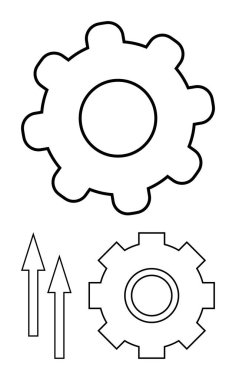 İlerleme, yenilik ve takım çalışması kavramlarını temsil eden yukarı doğru oklu iki dişlinin ana hatları. Teknoloji, mühendislik, büyüme girişimleri, iş geliştirmeleri, problem çözme, endüstriyel