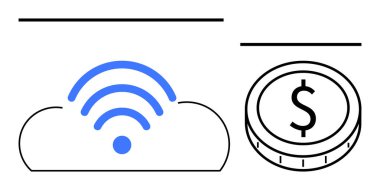 Bir dolar işareti olan bir madeni paranın yanında mavi kablosuz sinyal, fintech, dijital bankacılık, bulut teknolojisi, kablosuz ödemeler, veri paylaşımı, bağlantı, soyut çizgi düz metafor