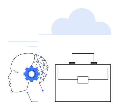 Yapay zekayı, iş dünyasını ve bulutu sembolize eden evrak çantasını gösteren insan profili. Teknoloji, iş dünyası, yapay zeka, yenilik, takım çalışması, veri depolama soyut hattı için ideal