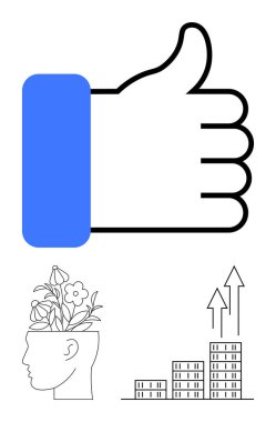 Büyük baş parmak hareketi, kafası çiçeklerle dolu ve binaların üzerinde yukarı doğru oklar var. Başarı için ideal, büyüme zihniyeti, pozitiflik, yenilik, ilerleme, soyut beyin fırtınası düz çizgi