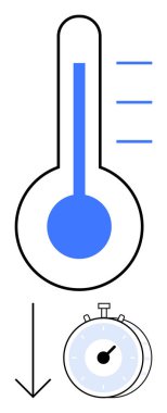 Termometre soğutma işlemini gösteriyor, aşağı doğru ok, kronometre aşağıda ölçüm için. Bilim, tıp, laboratuvar çalışması, iklim, verimlilik, soğutma sistemleri ve soyut düz çizgi için ideal