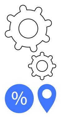 İki şanzıman, biri büyük, biri küçük. Yüzdelik bir sembol ve konum simgesi ile birlikte. İş stratejisi, veri analizi, süreç yönetimi, verimlilik, izleme ve optimizasyon sistemleri için ideal