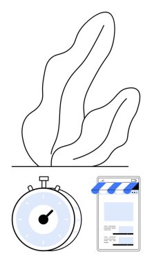Stopwatch, soyut bir bitki tasarımının altında minimalist bir dijital mağazanın yanında. Zaman yönetimi, verimlilik, çevrimiçi alışveriş, dijital araçlar, iş verimliliği, zamanlama, soyut