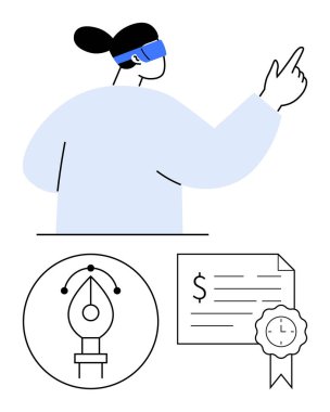 VR kulaklık takan, parmağıyla yukarıya doğru işaret eden bir kadın, daire şeklinde tasarım aleti simgesi, dolar işareti ve rozeti olan bir sertifika. Teknoloji, eğitim, eğitim, sertifika, tasarım, sanal için ideal