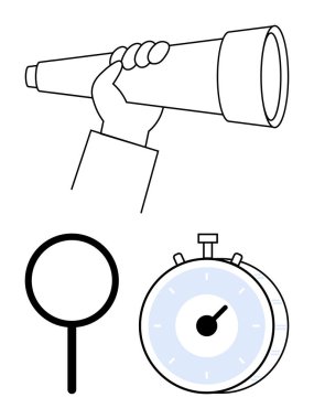 Teleskopu kavramak, büyüteç ve kronometre, keşfi, eksiksiz gözlemi, zamanlamayı ve karar vermeyi sembolize eder. Strateji, analiz, keşif yönetimi araştırması için ideal