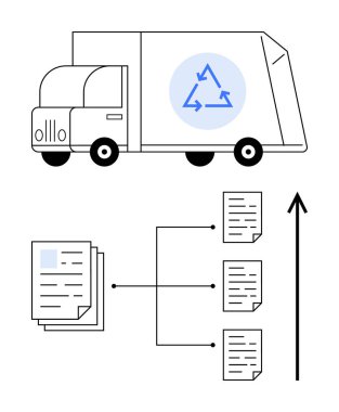 Geri dönüşüm kamyonu, oklar, üç aşamada birbirine bağlı birden fazla belge. Sürdürülebilirlik, atık yönetimi, kağıt geri dönüşümü, çevre dostu süreçler, organizasyon, çevre sorumluluğu için ideal