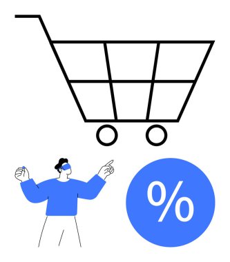 Büyük alışveriş arabası ve yüzde işareti. Perakende satış, e-ticaret, satış promosyonu, alışveriş indirimleri, fiyat indirimi, pazarlama stratejileri, tüketici davranışları için ideal. Soyut çizgi düz metafor