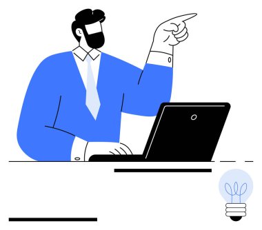 İşadamı dizüstü bilgisayarda yazarken yukarı doğru bir ampulü işaret ederek yaratıcılığı ve yenilikçi çözümleri sembolize ediyor. Takım çalışması, problem çözme, beyin fırtınası, liderlik, teknoloji, iş için ideal