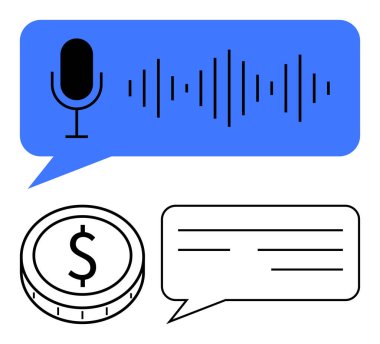 Konuşma balonunun içinde mikrofon ve dalga formu dolar parası ve mesaj baloncuğu. İletişim, podcastler, transkripsiyon, ödemeler, ses teknisyeni, ses markalaşma soyut metaforu için ideal