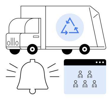 Çevresel sembollü geri dönüşüm kamyonu, alarm zilleri, iletişimi temsil eden grup arayüzü. Çevre dostu lojistik, takım çalışması, bilgilendirmeler, sürdürülebilirlik için ideal