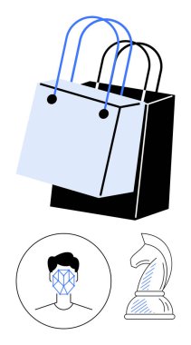 İki alışveriş torbası, biyometrik tanımlama desenli stilize bir yüz ve bir satranç şövalyesi taşı. Perakende, e-ticaret, güvenlik, dijital teknoloji, yenilik, stratejiler ve soyut çizgi için ideal
