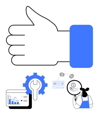 Onaylamayı temsil eden bir sembol, ekranda analiz, çözümler için ingiliz anahtarı, müşteri destek aracı. İş başarısı, takım çalışması, müşteri memnuniyeti, verimlilik için ideal