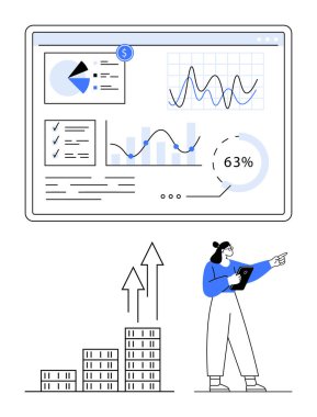Grafikler, pasta grafiği ve okları ve binaları olan analitik gösterge paneli. Profesyonel tablet stratejisi sunar. Finans, iş, büyüme, planlama ve veri için ideal