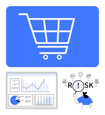 Alışveriş arabası, grafikleri ve çizelgeleri olan analitik gösterge paneli, risk değerlendirme şeması. E-ticaret, tüketici eğilimleri, risk yönetimi, satış tahminleri, karar verme mekanizması, iş büyümesi için ideal