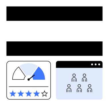 Yıldız reytingleri ve kullanıcı profili ızgarasıyla performans göstergesi. Analiz, takım çalışması, kullanıcı geribildirimi, performans değerlendirmesi, müşteri memnuniyeti, nişan takibi, soyut düz metafor için ideal