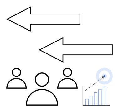 Karşıt yönleri gösteren iki büyük ok, aşağıda üç kişi simgesi ve yanında hedef ikon olan bir bar tablosu. Takım çalışması, strateji, hedefler, liderlik, analitik ve işbirliği için ideal
