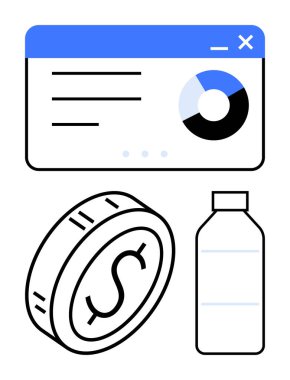 Dolar işaretli sikke, tarayıcı çizelgesi ve su şişesi. Finans, sürdürülebilirlik, veri eğilimleri, finansman, bütçe farkındalığı, soyut çizgi düz metaforu için ideal