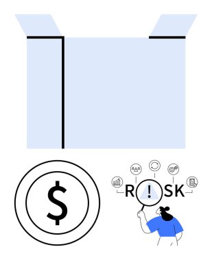 Kalın çizgileri olan bir kutu, para birimi sembolü olarak dolar işareti, ikonlarla çevrili büyüteçle risk faktörlerini inceleyen biri. Finans, iş analizi, problem çözme ve risk için ideal