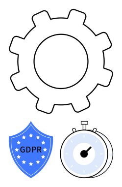 İşlemler için vites, veri güvenliği için GDPR kalkanı, acil durum için kronometre. Ticari işlemler, veri uyumluluğu, zaman yönetimi, siber güvenlik, düzenlemeler, iş akışı soyut çizgisi için ideal