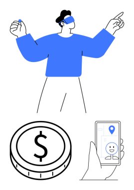 AR Space 'de VR kulaklık takan bir adam büyük miktarda para finans, akıllı telefon ekranı ise yüz tanıma ve konumu temsil ediyor. Teknoloji, yenilik, VR, kullanıcı etkileşimi ve finans için ideal